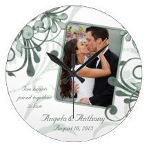 Green White Floral Personalized Photo Template Round Wallclock