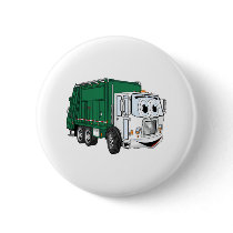 Green White Smiling Garbage Truck Cartoon Buttons