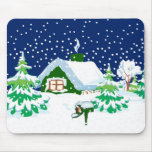 Green Winter Cottage Mouse Pads