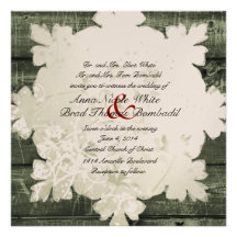Green Wood Rustic Snowflake Wedding Invite