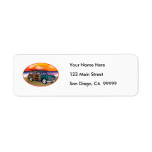 Green Woodie & Surfboard at Sunset Labels