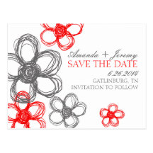 Grey and Red Wildflowers Save The Date Post Cards
