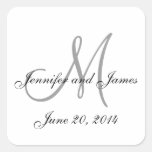 Grey and White Monogram Square Wedding Labels Stickers