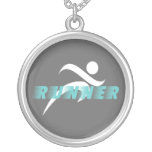Grey aqua blue runner design round necklace