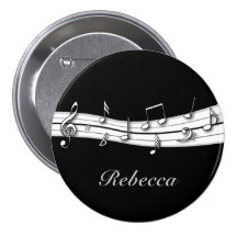 Grey black and white musical notes score pinback button