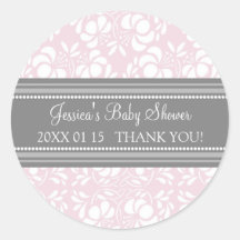 Grey Blush Damask Baby Shower Favour Stickers