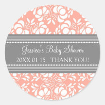 Grey Coral Damask Baby Shower Favour Stickers