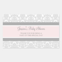 Grey Pink Damask Baby Shower Favour Stickers