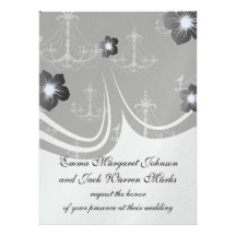 grey silver chandelier damask on black personalized invitations