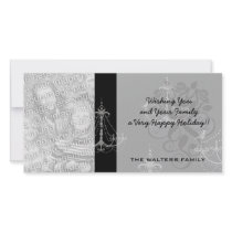 grey silver chandelier damask on black customized photo card