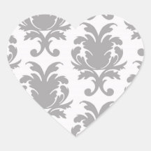 grey white baroque damask heart stickers