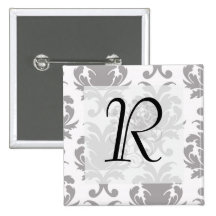 grey white baroque damask pinback buttons