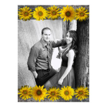 Grey Wood Yellow Sunflower Photo Wedding Invite
