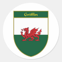 Griffin Welsh Flag Shield Round Stickers
