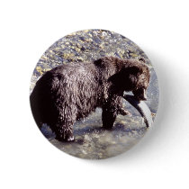 Grizzly Bear Eating a Salmon Pinback Button