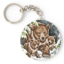 Grizzly Bear Mother and Cubs in Winter Keychains
