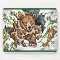 Grizzly Bear Mother and Cubs in Winter Mouse Pad