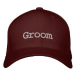 Groom baseball cap in maroon with dark grey font.