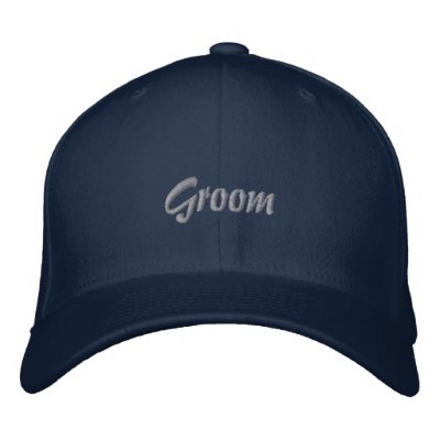 Groom baseball cap in navy with grey font. by perfectwedding