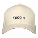 Groom baseball cap in white with black font.