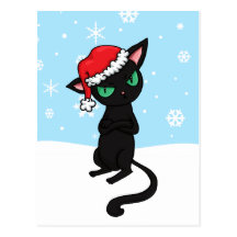 Grumpy Black Cat wearing Santa Hat Postcards
