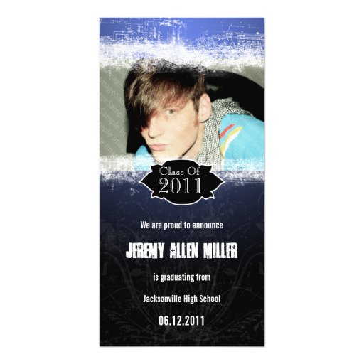 Grunge Blue Black Graduation Photo Card