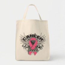 Grunge Winged Ribbon Breast Cancer Survivor Bags
