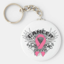 Grunge Winged Ribbon Breast Cancer Survivor Key Chains