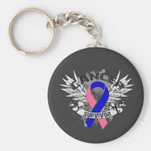 Grunge Winged Ribbon Male Breast Cancer Survivor Keychain