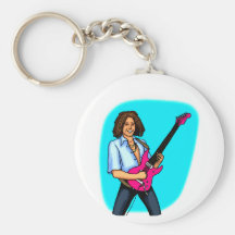 Guitar player, dark skinned, playing electric keychain