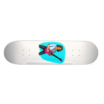 Guitar player, dark skinned, playing electric skateboards