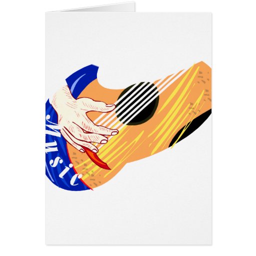 Guitar with Hand and Word "Music" graphic Greeting Cards