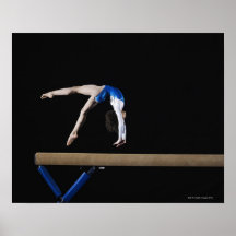 Gymnast (9-10) flipping on balance beam, side poster