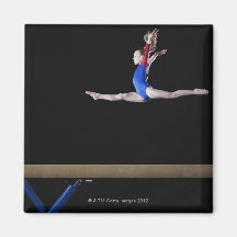 Gymnast (9-10) leaping on balance beam 2 refrigerator magnets