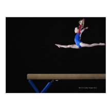 Gymnast (9-10) leaping on balance beam 2 post cards