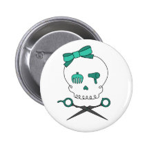 Hair Stylist Skull & Scissor Crossbones -Turquoise Pinback Button