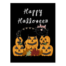 Halloween Black Cat and Pumpkins Postcard