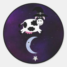 Halloween Cow with Witches Hat Jumping over Moon Sticker