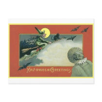 Halloween Flying Witch and Bats Post Cards