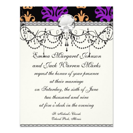 halloween purple orange black damask invitation