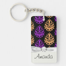 halloween purple orange black damask rectangle acrylic keychain