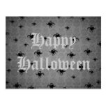 Halloween spiders on grey faded damask postcard