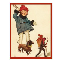 Halloween Vintage Girl and Dachshund Chase Devil Post Card