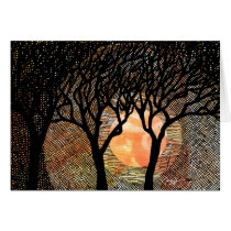 Hand Carved and Cross Hatched Trees on Orange Greeting Card