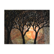 Hand Carved and Cross Hatched Trees on Orange Post Card