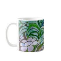 Hand Carved Leaves and Flowers - in Green Blue Coffee Mugs