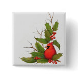 Hand-Drawn Christmas Illustration: Holly, Cardinal Pinback Button