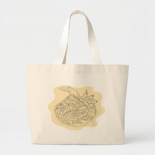 Hand holding basket full harvest crops tote bags