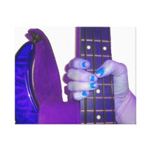 Hand holding bass guitar blue and purple photo gallery wrap canvas