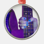 Hand holding bass guitar blue and purple photo christmas tree ornaments